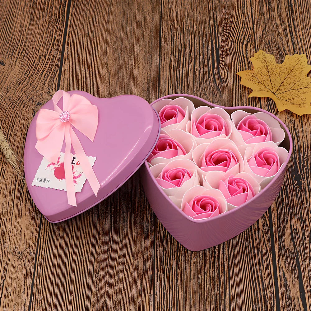 Handmade soap flower gift box in red heart-shaped tin with three blooms and bear, 12x12x5 cm for Valentine's Day