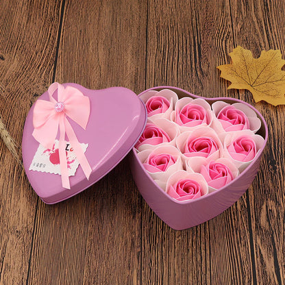 Handmade soap flower gift box in red heart-shaped tin with three blooms and bear, 12x12x5 cm for Valentine's Day