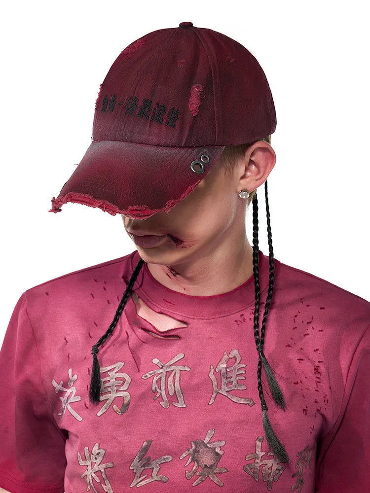 Rose red cotton peaked cap with adjustable strap and structured peak
