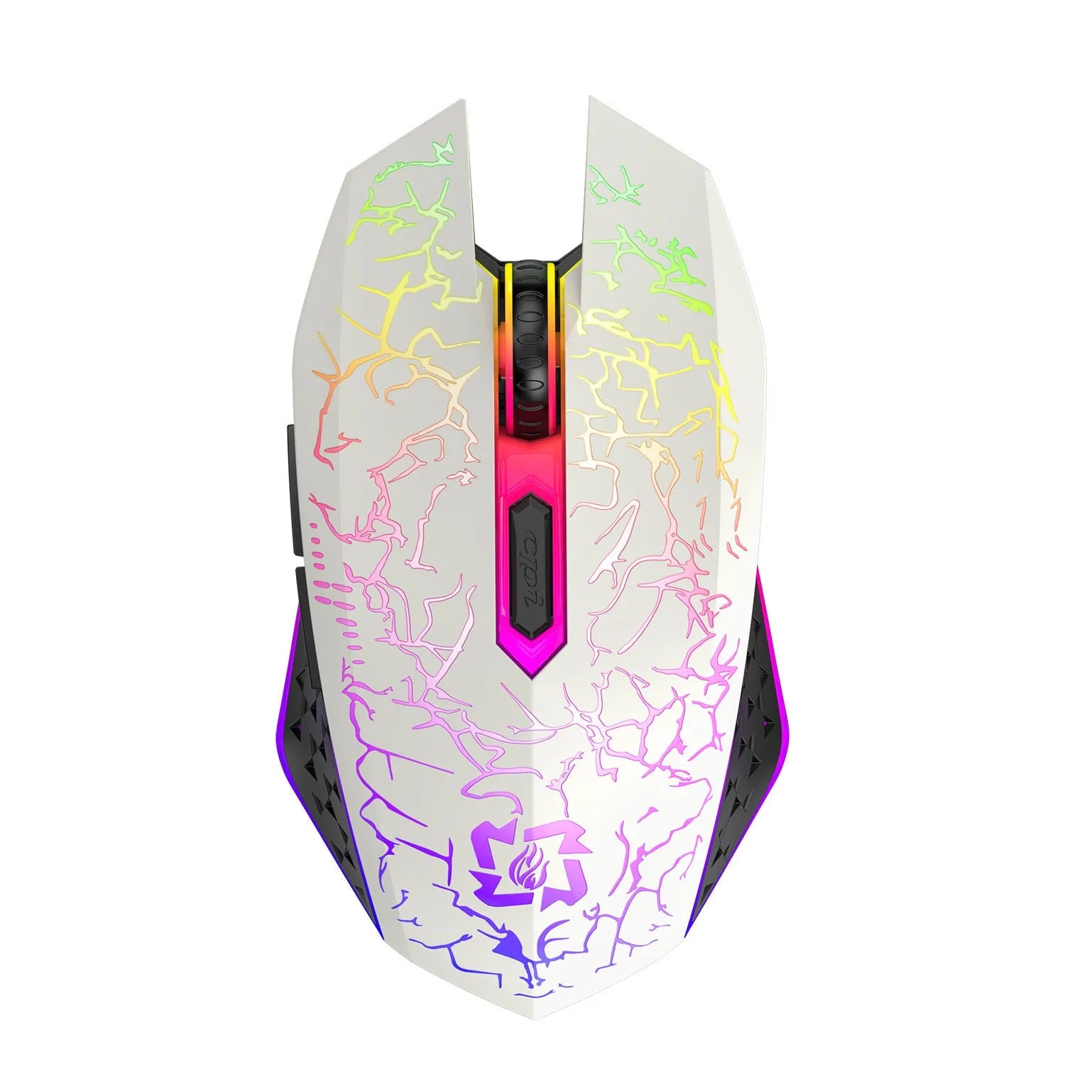 Black and White wireless gaming mouse with RGB lighting effects on desktop