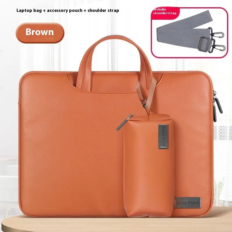 Black leather laptop bag with integrated power bank for 13-16 inch notebooks showing dimensions