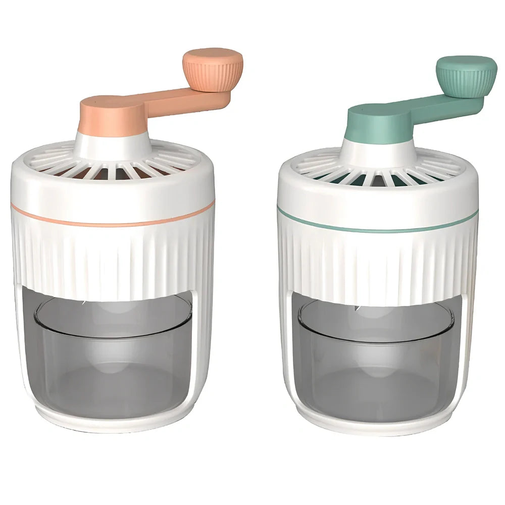 Green hand-cranked ice shaving machine with removable ice box and ergonomic handle