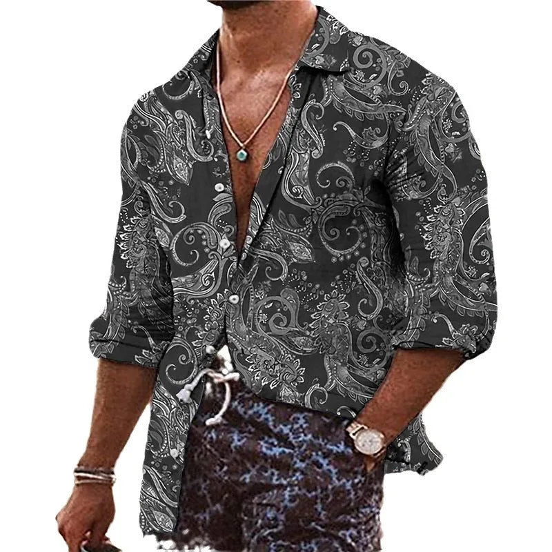 Men's loose fit polyester shirt with floral 3D pattern in bohemian style for business casual wear
