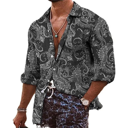 Men's loose fit polyester shirt with floral 3D pattern in bohemian style for business casual wear