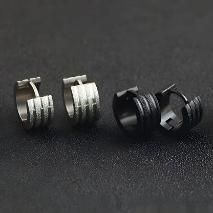 Geometric titanium steel earrings with frosted three-line design in black, gold, and steel colour finishes