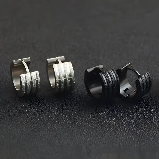 Geometric titanium steel earrings with frosted three-line design in black, gold, and steel colour finishes