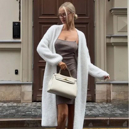 Women's white knitted cardigan jacket with 105cm length and loose fit for versatile layering