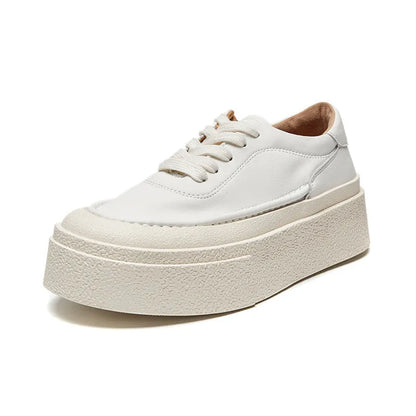 Women's black and white cowhide platform casual shoes with round toe and rubber sole