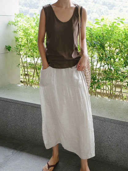 Elegant linen wide-leg culottes with double pockets in hemp and black colors