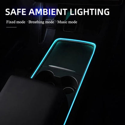 Flexible car LED ambient lighting strip installed on dashboard with USB power cable and colour-changing effects