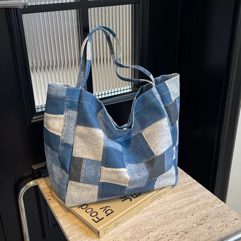 Women's denim tote bag with color-contrast check design for commute and leisure