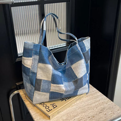 Women's denim tote bag with color-contrast check design for commute and leisure