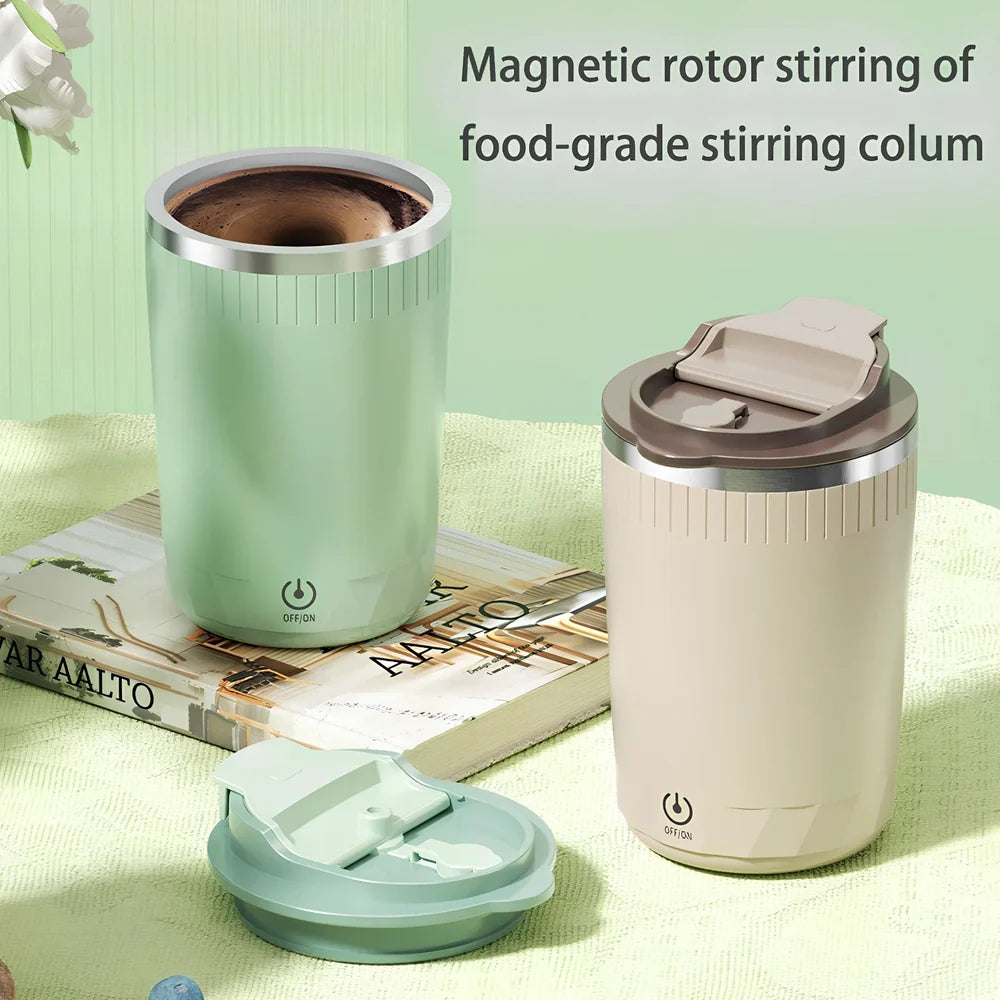 Beige auto stirring electric coffee cup, 400ml capacity, 14cm tall with USB rechargeable stirrer and insulated walls