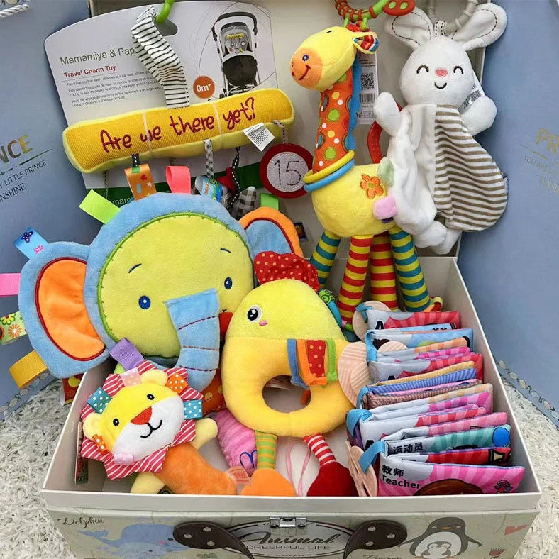 Blue and pink cartoon plush toy set for infant development with soft material