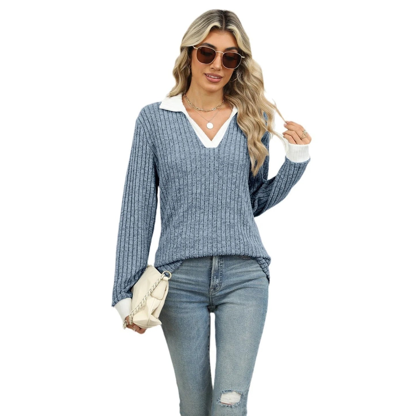 Women's loose-fit lapel long sleeve t-shirt in various colors