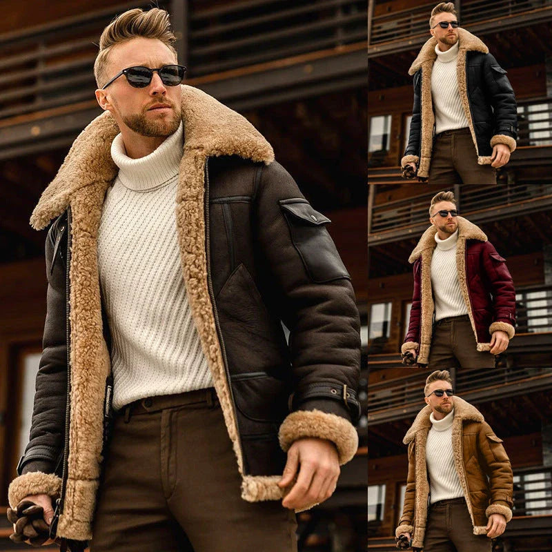 Warm military-style fleece jacket with fur collar, available in multiple color options and sizes