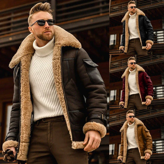 Warm military-style fleece jacket with fur collar, available in multiple color options and sizes