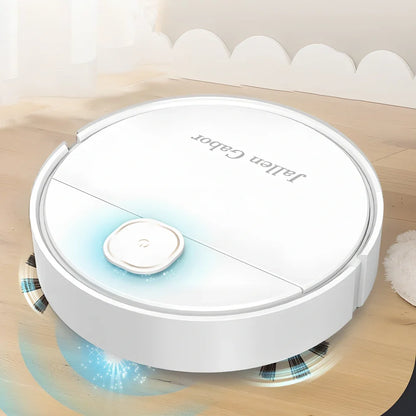 White automatic robot vacuum cleaner measuring 25x25x6.5cm with USB charging port