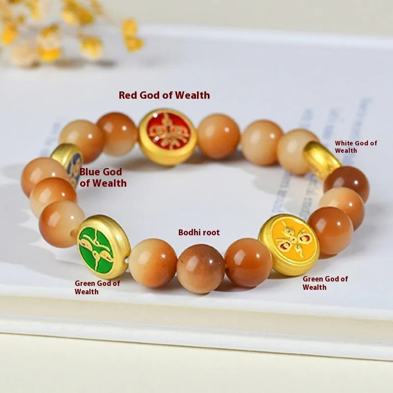 Yellow bodhi seed bracelet with five-direction geometric pattern, adjustable 14-17 inch length