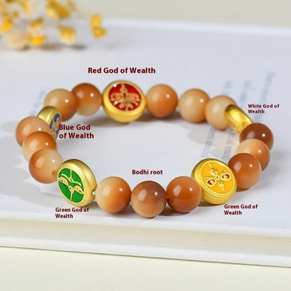 Yellow bodhi seed bracelet with five-direction geometric pattern, adjustable 14-17 inch length