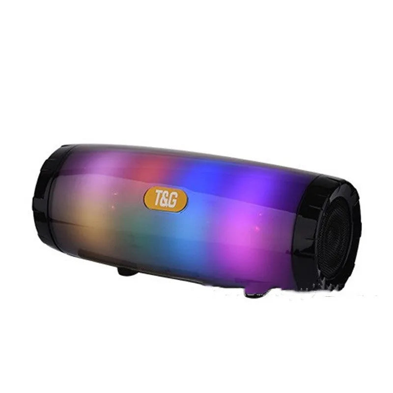 Outdoor portable Bluetooth speaker with coloured LED lights in a PU leather shell, shown in blue.