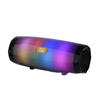 Outdoor portable Bluetooth speaker with coloured LED lights in a PU leather shell, shown in blue.