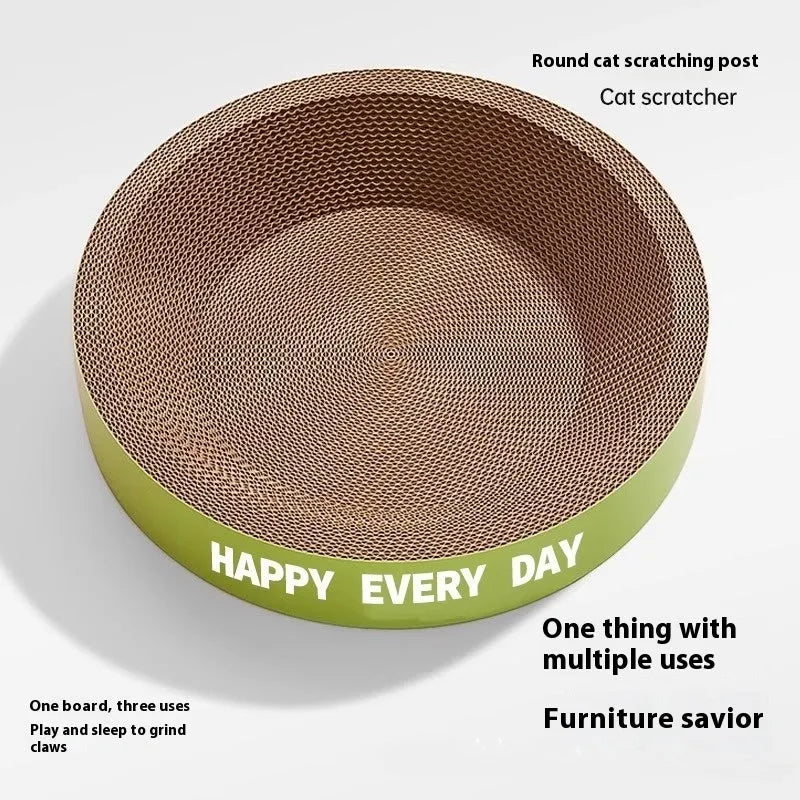 A green round sisal fibre cat scratching board bed, showing its 50cm diameter and central nesting hollow.
