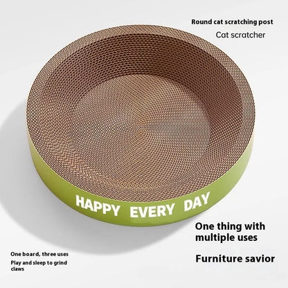 A green round sisal fibre cat scratching board bed, showing its 50cm diameter and central nesting hollow.