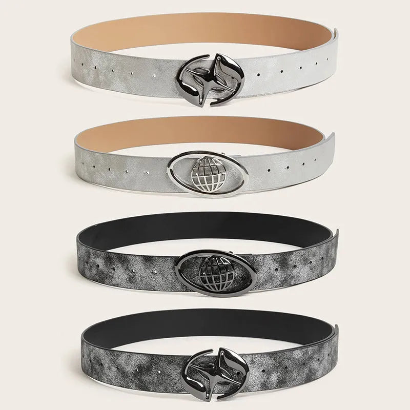 Women's retro PU leather belt with oval alloy buckle in thick over 4cm width, shown in grey white colour.