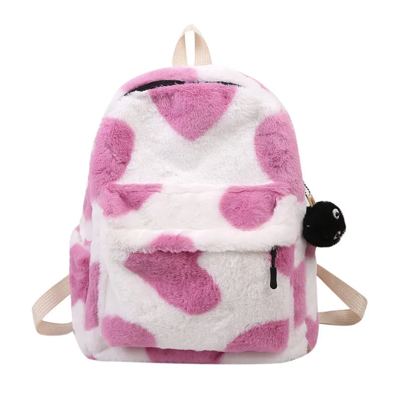 Furry plush backpack with heart pattern and three-dimensional outer pocket in khaki, green, black, pink or briquette