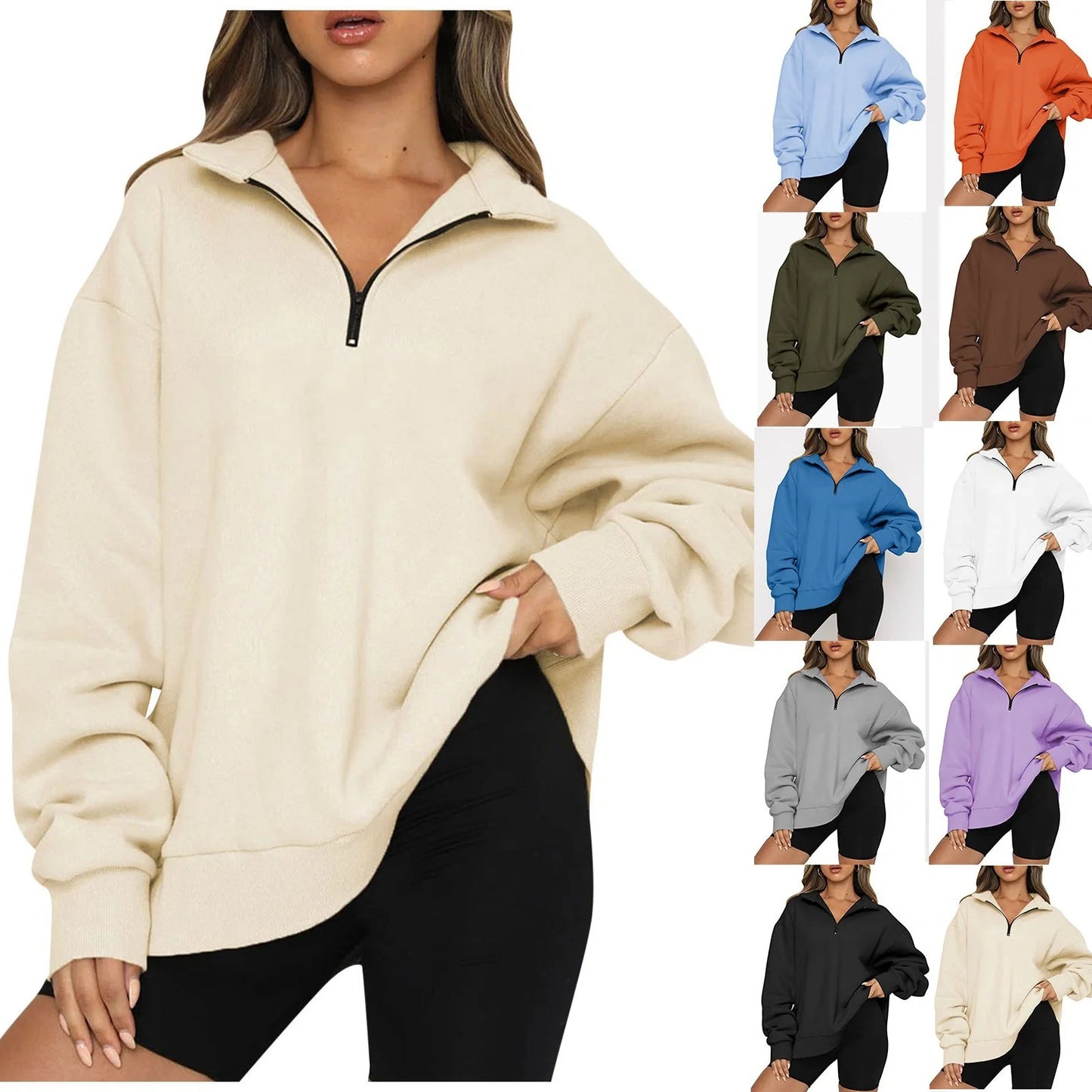 Women's zip turndown collar sweatshirt in various colors, showcasing loose fit and zipper detail.