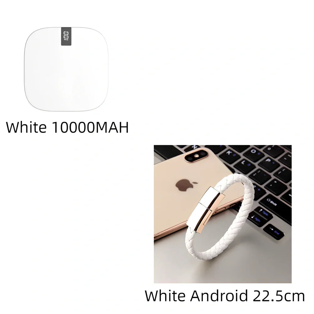 Red 10000 mAh mini power bank with digital display showing battery percentage, measuring 90x64x24mm