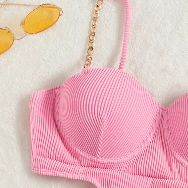 Ladies solid color one piece swimsuit with chest pad in pink and black