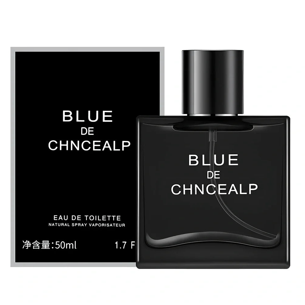 Men's woody citrus perfume bottle in black or blue, 100ml with spray, featuring sandalwood and cedar notes for lasting fragrance