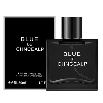 Men's woody citrus perfume bottle in black or blue, 100ml with spray, featuring sandalwood and cedar notes for lasting fragrance