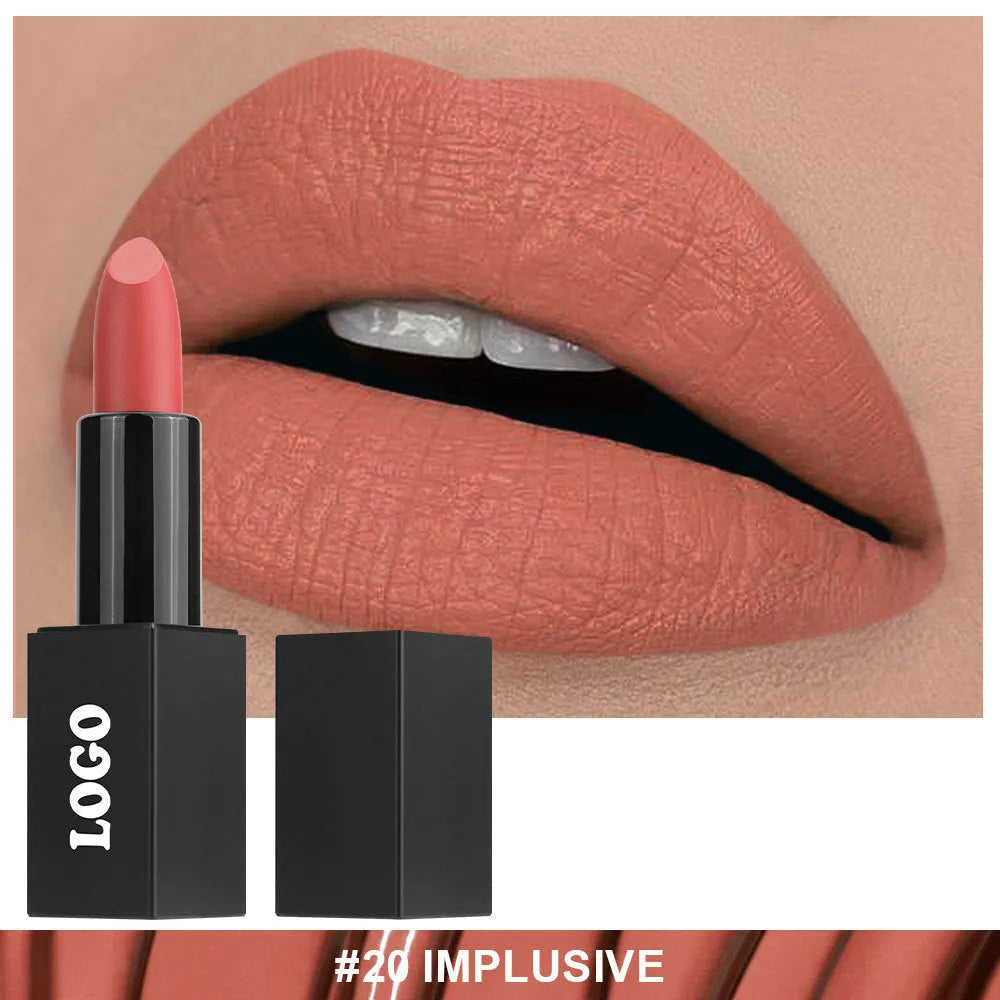 Beauty Does Not Fade matte finish lipstick in nonstick cup packaging, showing range of 24 colour shades.