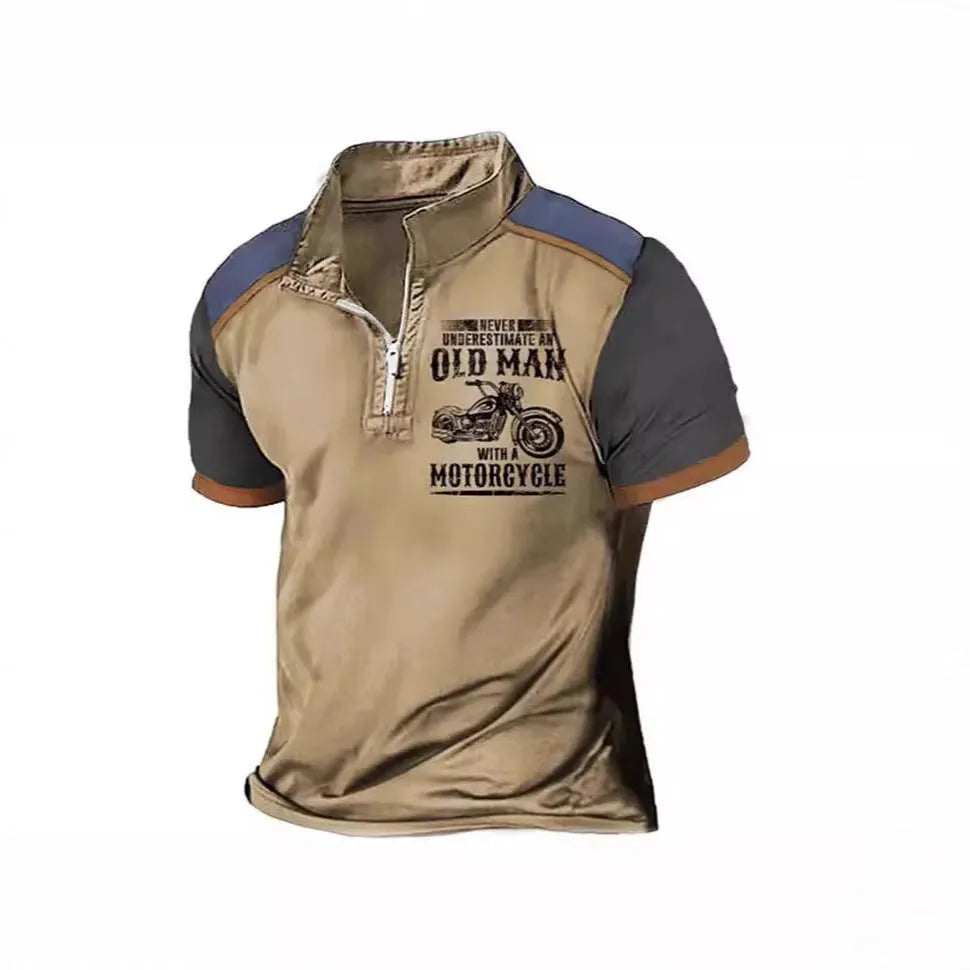 Men's casual polo shirt with digital letter printing and zipper decorations in polyester fibre