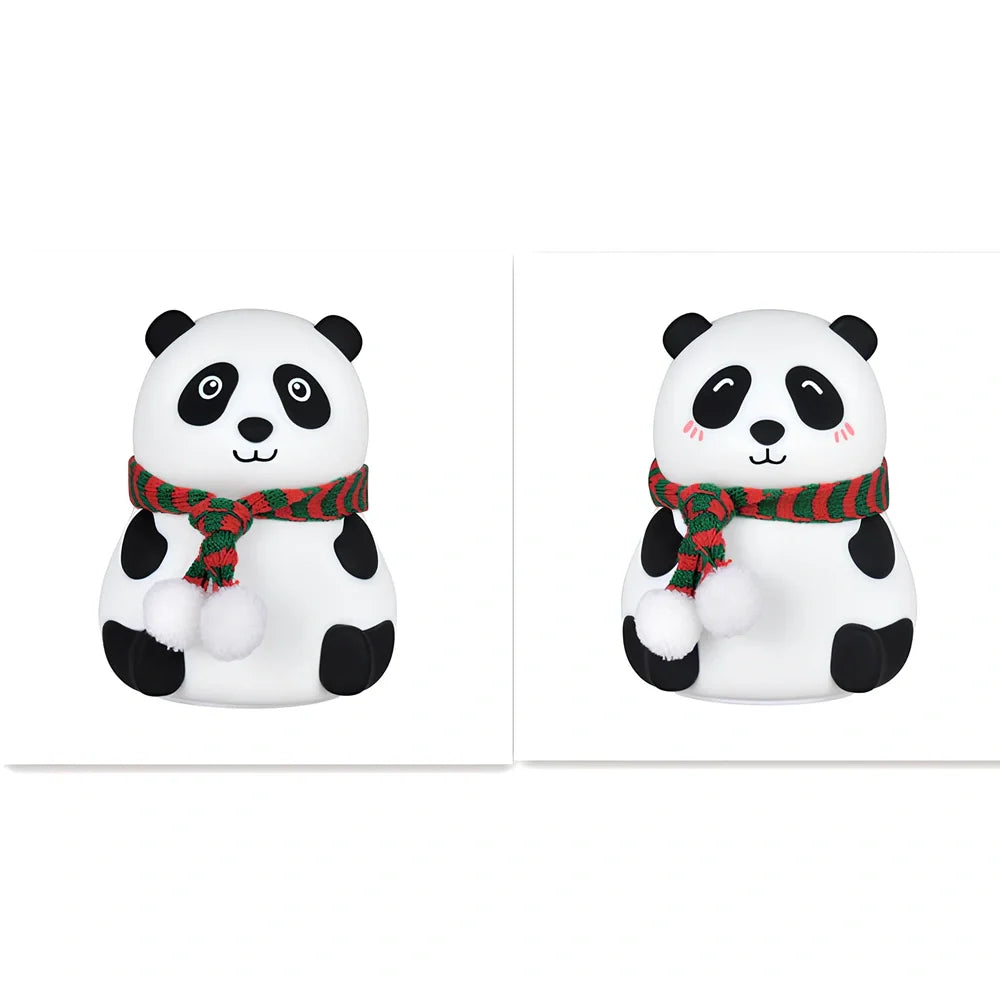 Panda-shaped silicone night light with soft white illumination, USB charging port visible