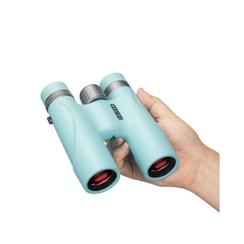 Blue 10x32 binoculars with wine red film imaging showing compact plastic construction