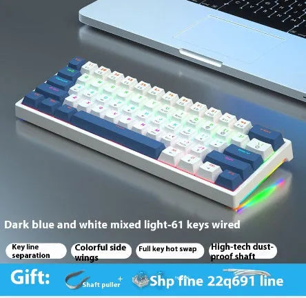Small white 61-key mechanical keyboard with hot-swappable sockets and a black USB cable.
