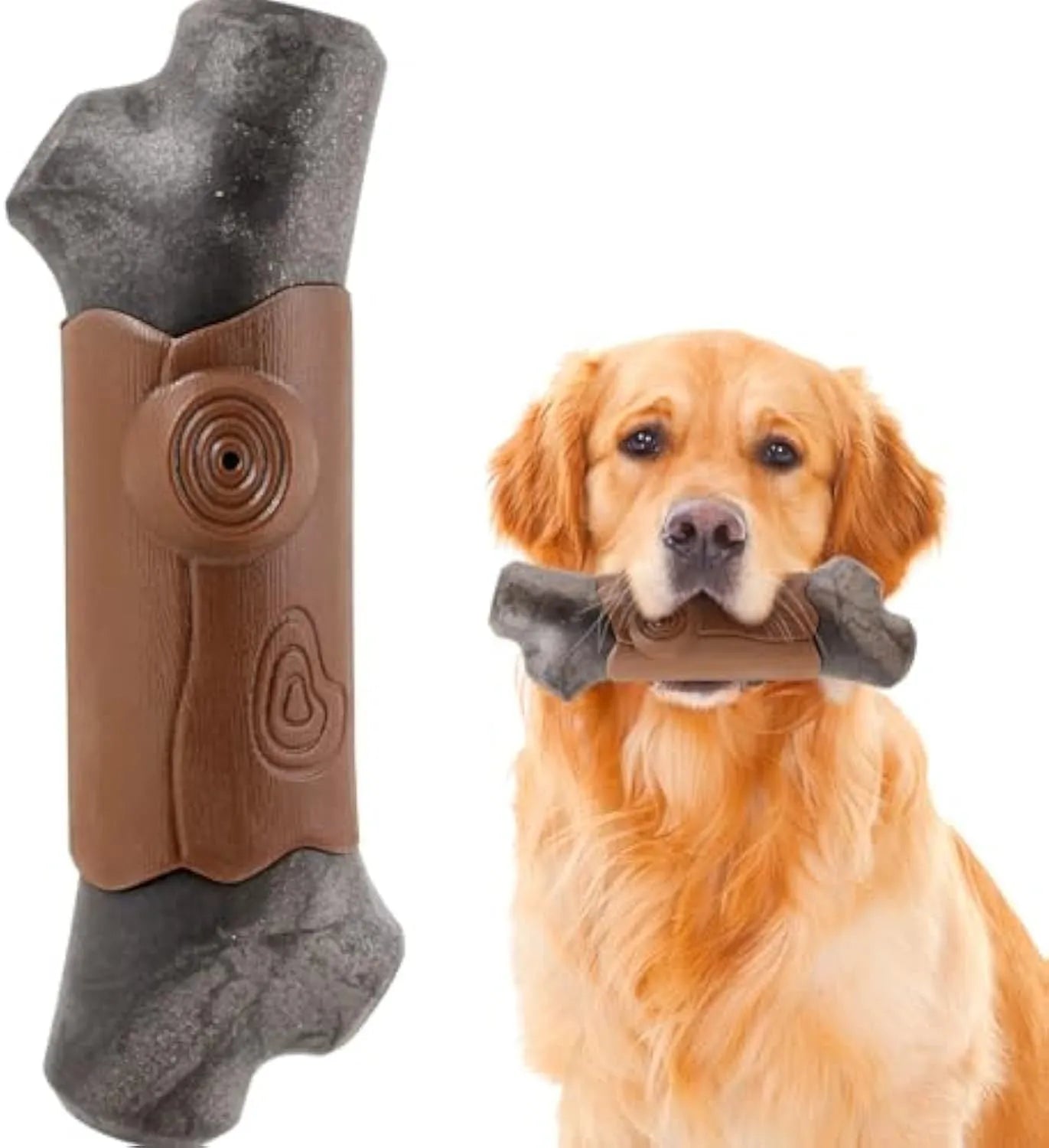 Branch-shaped nylon dog chew toy with squeaker and bacon flavour for aggressive chewers