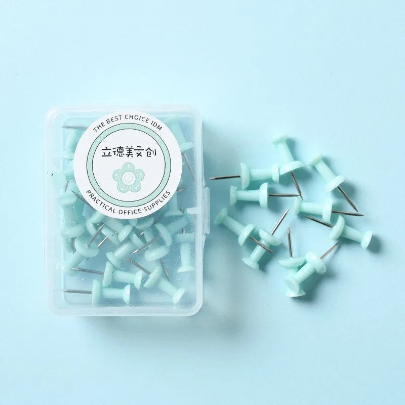 Macaron colour plastic push pins in cherry blossom pink, mint green and lavender, available in large and small sizes