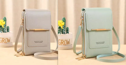 Women's messenger touch screen phone bag in solid colors with diamond decorative elements