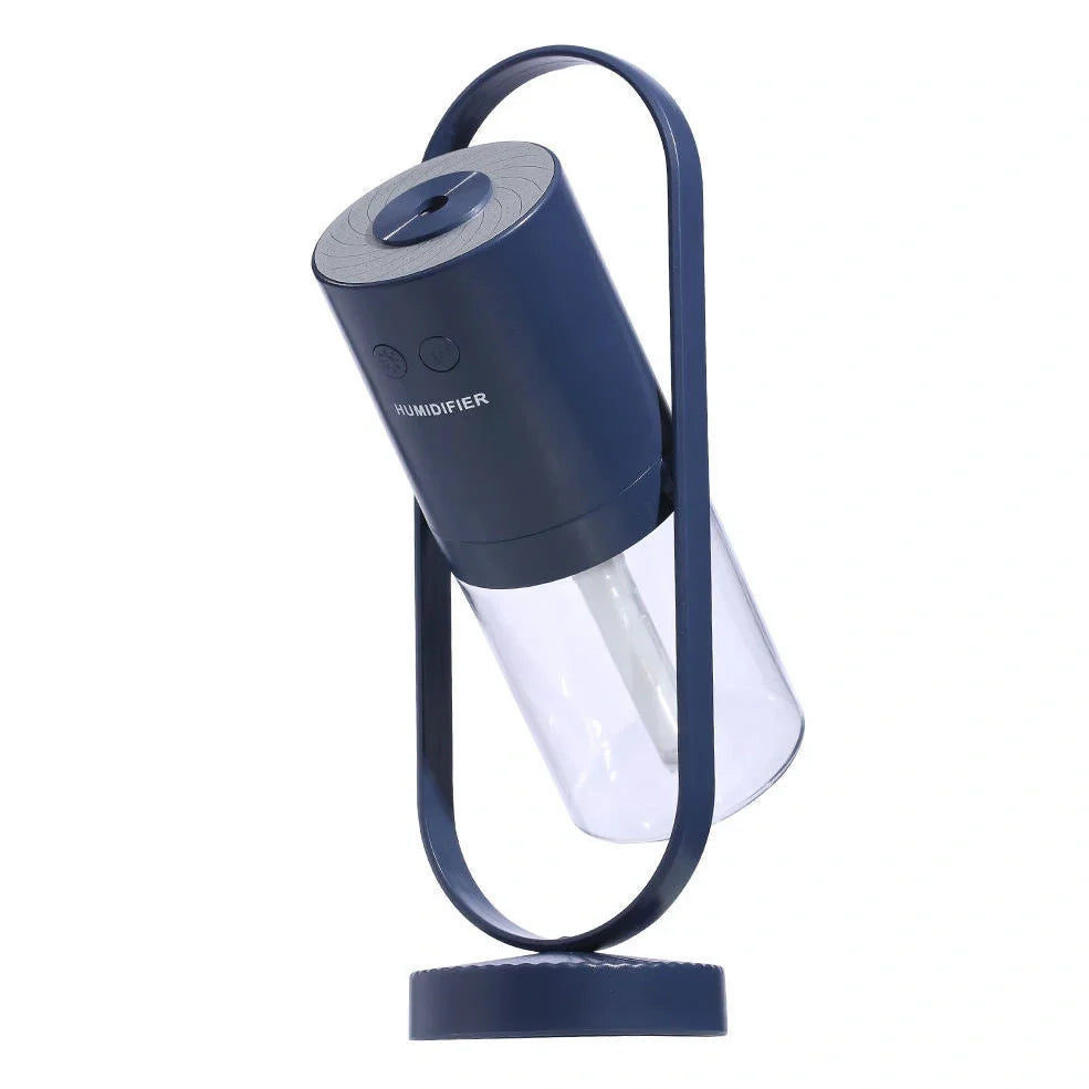 Portable USB humidifier with 200ml water tank in pink, blue, or white showing compact 70x66x213mm dimensions