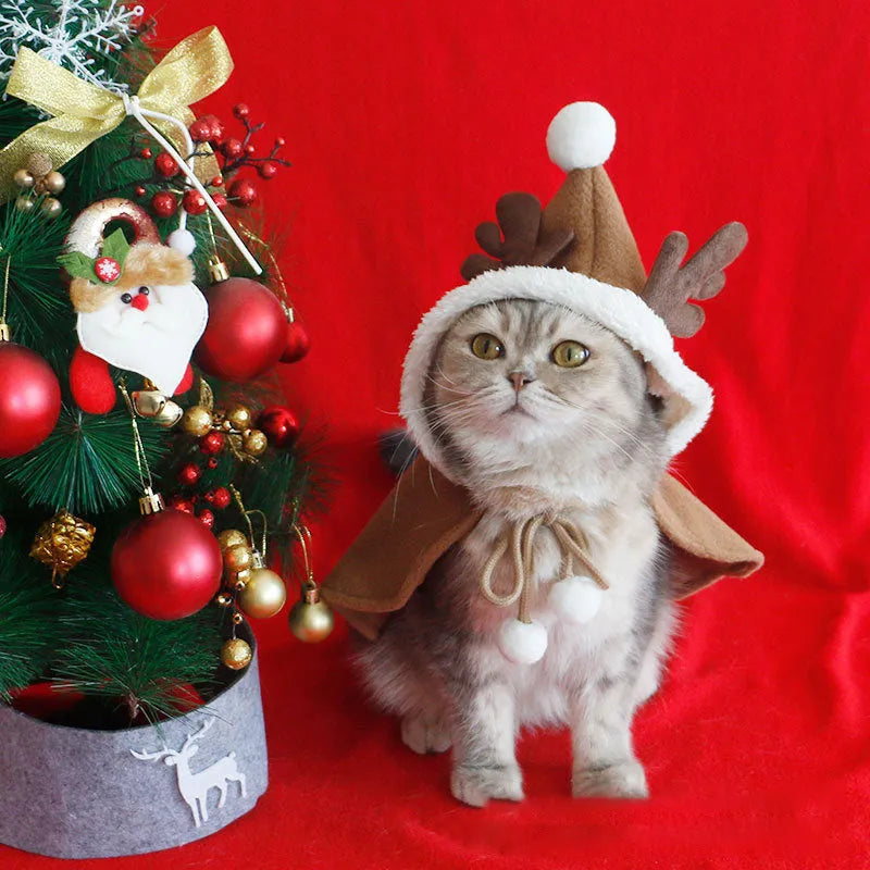 Red Christmas hooded cloak for pets made from polar fleece material on dog model