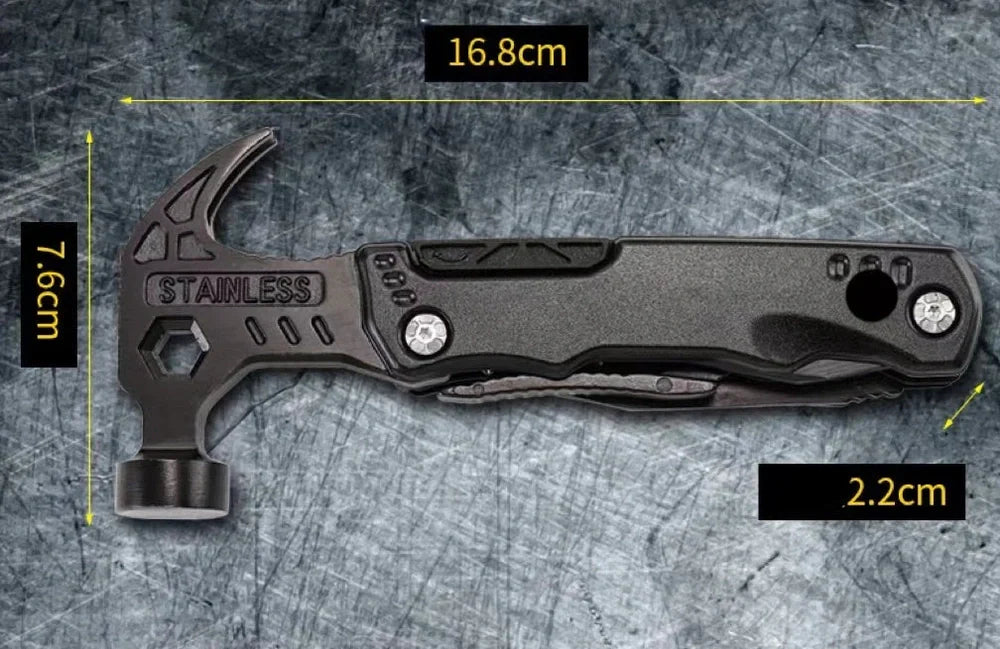 Black stainless steel folding hammer showing 168mm length with aluminium alloy handle in unfolded position