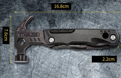 Black stainless steel folding hammer showing 168mm length with aluminium alloy handle in unfolded position