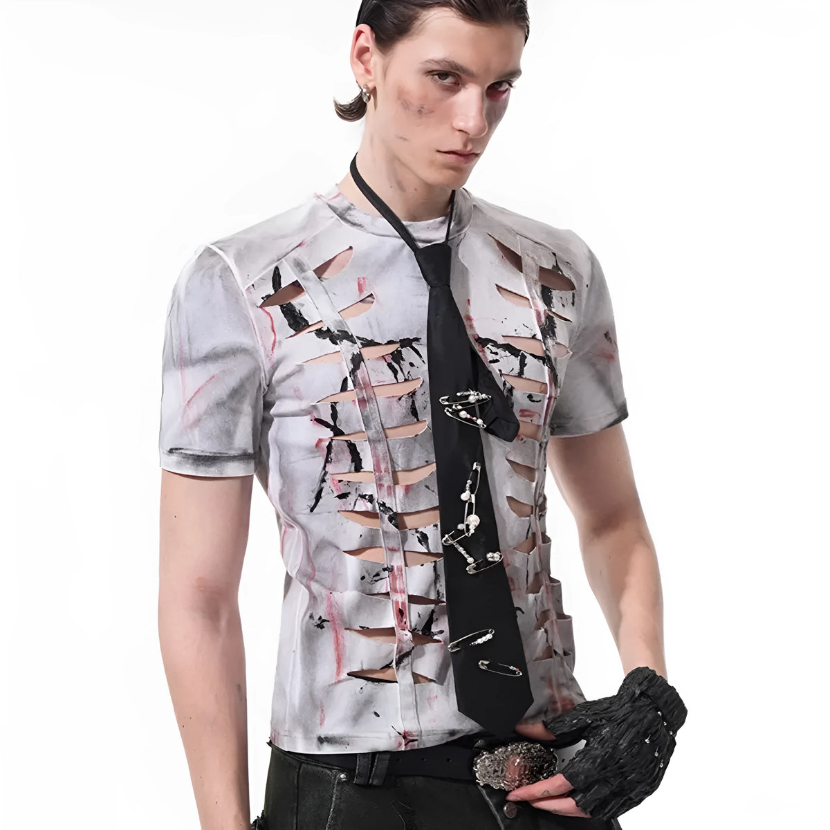 Men's white cotton T-shirt with hollow-out design on front, short sleeves, round neck collar