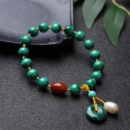 Natural green malachite and red agate barrel bead bracelet for men and women.