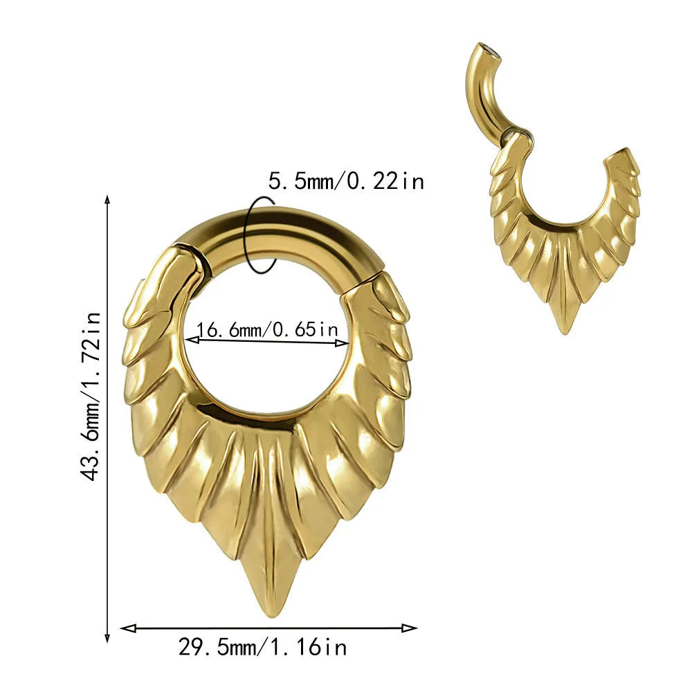 Drop-shaped stainless steel ear extender with round hanging egg design and totem etching in four colour variations